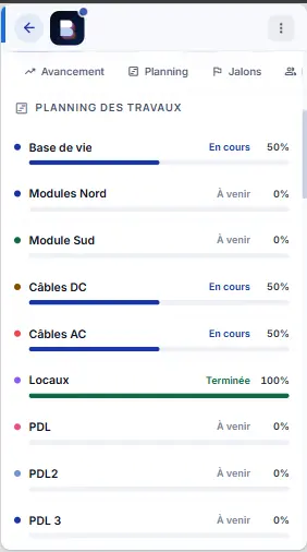 Espace client sur téléphone : planning des travaux, lot par lot